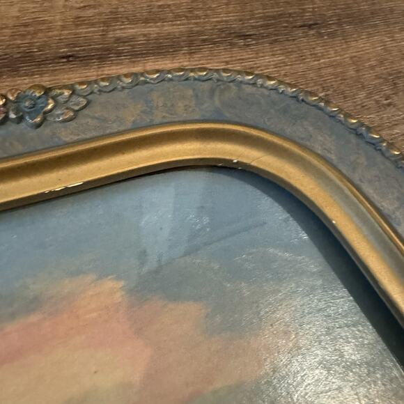 Antique Convex Bubble Frame Hexagonal Floral Carved Wood Mountain Waterfall READ - Picture 4 of 11